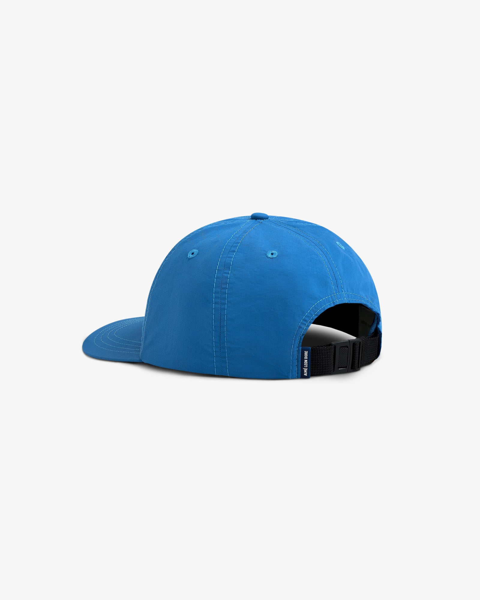 A blue Nylon Sport Hat viewed from the back, featuring an adjustable black strap and stitched eyelets.