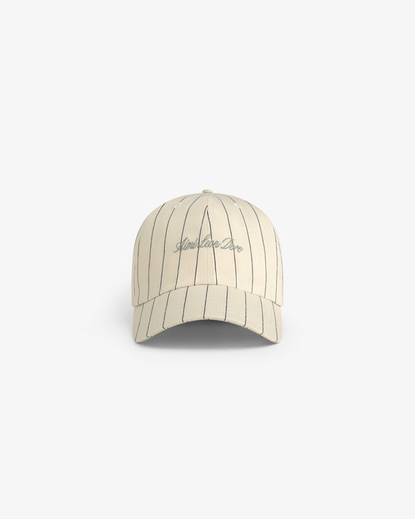 Pinstripe Suiting Hat in beige with black stripes and Limelight Deco front embroidery, shown on white background.
