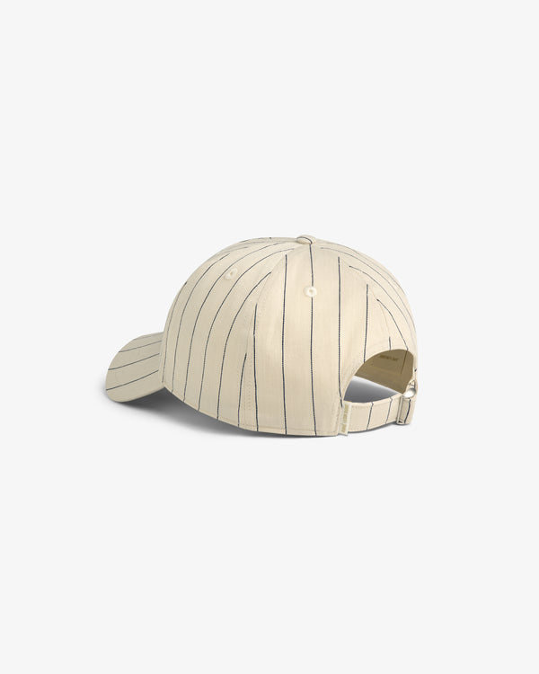 Pinstripe Suiting Hat in beige with thin black stripes, back view showing adjustable strap.