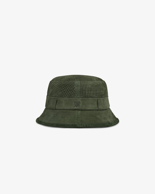 Perforated Suede Bucket Hat in dark green suede with wide brim and subtle front embroidered logo.