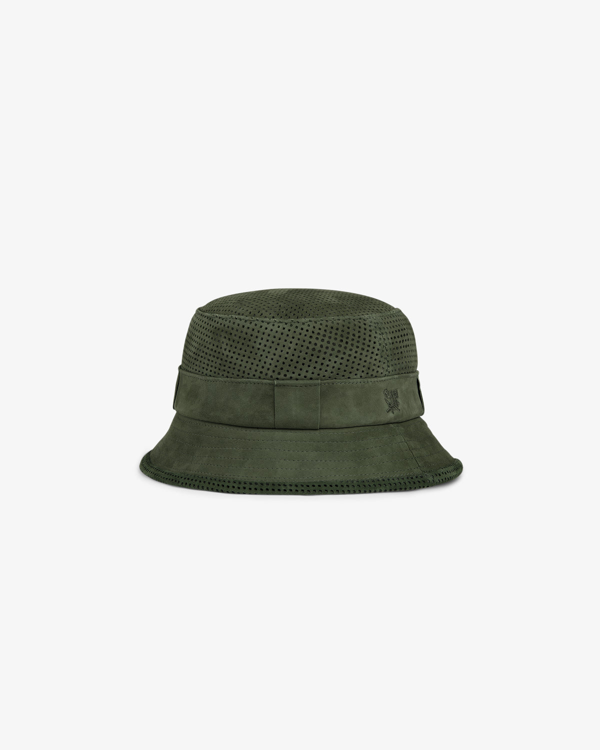 Perforated Suede Bucket Hat in dark green with a wide band and subtle texture, shown on a plain white background.