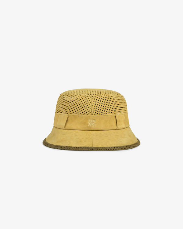 The Perforated Suede Bucket Hat in yellow features a perforated crown and subtle stitching on a white background.