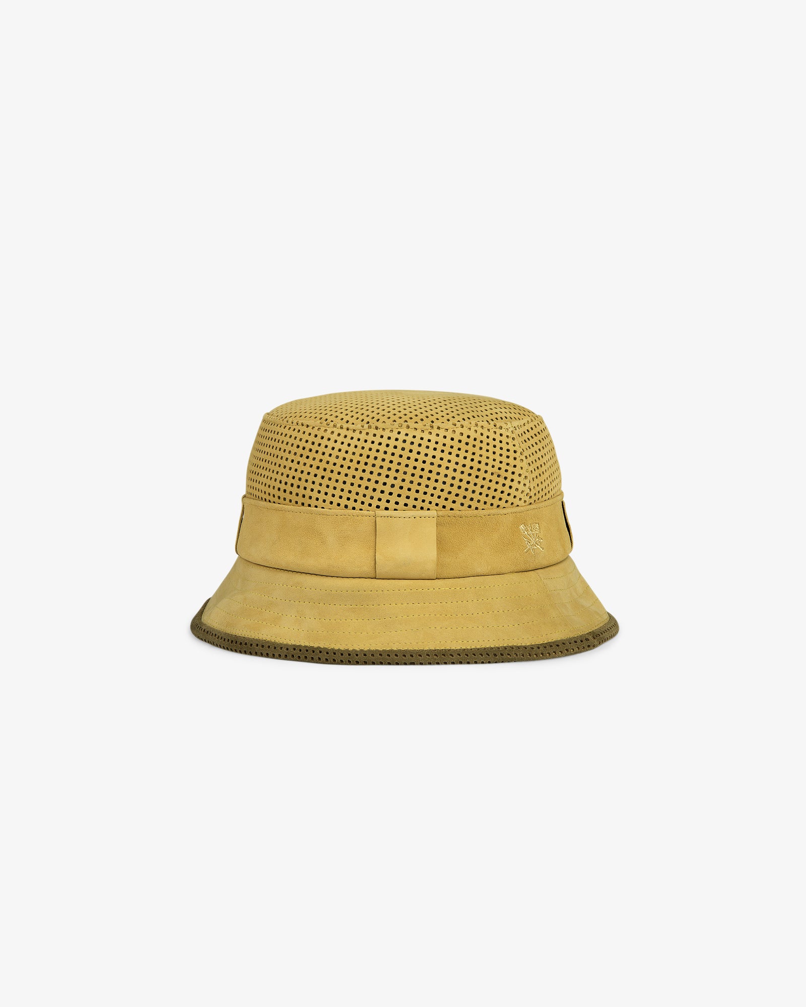Perforated Suede Bucket Hat in tan with a solid brim, shown against a plain white background.