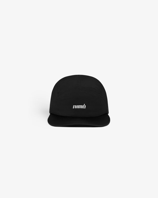 Aimé Performance Sport Hat, black with "aimé" in white lowercase letters on the front, shown on a white background.