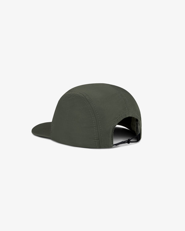 The Aimé Performance Sport Hat in dark green is shown from the back, featuring an adjustable strap.