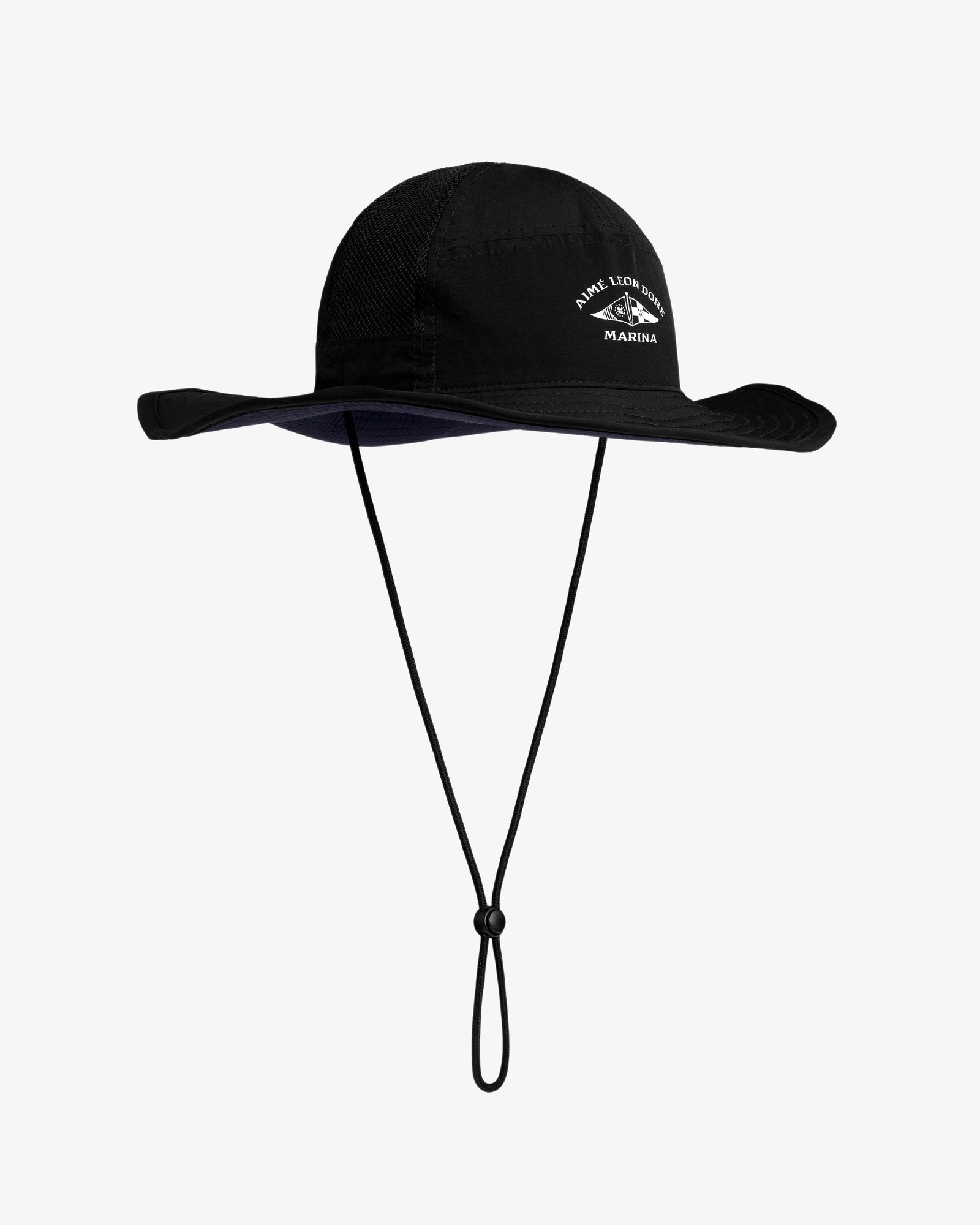 Marina Boonie Bucket Hat: black, wide brim, chin straps, and white embroidered front logo and text.