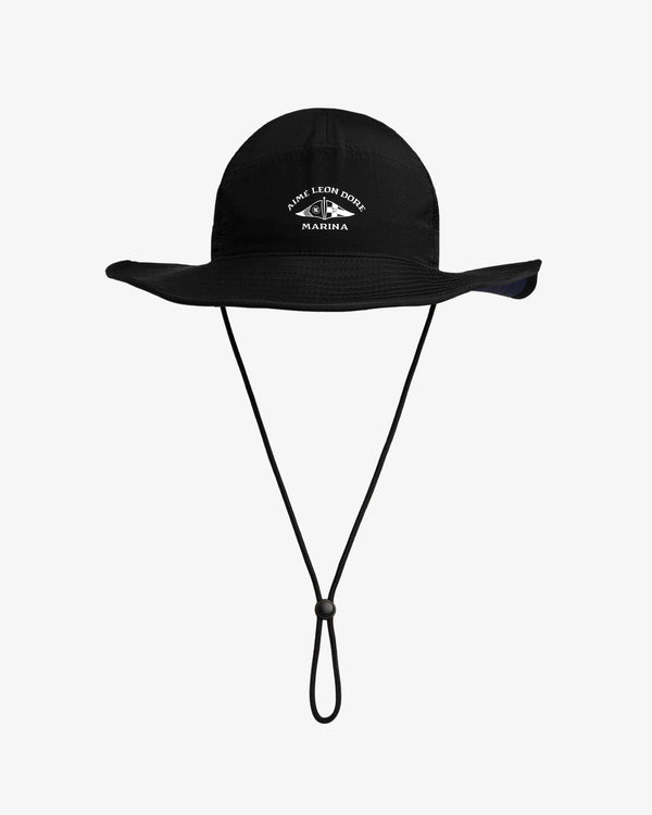 Marina Boonie Bucket Hat: Black wide-brim with chin strap and white Aime Leon Dore Marina logo on front.