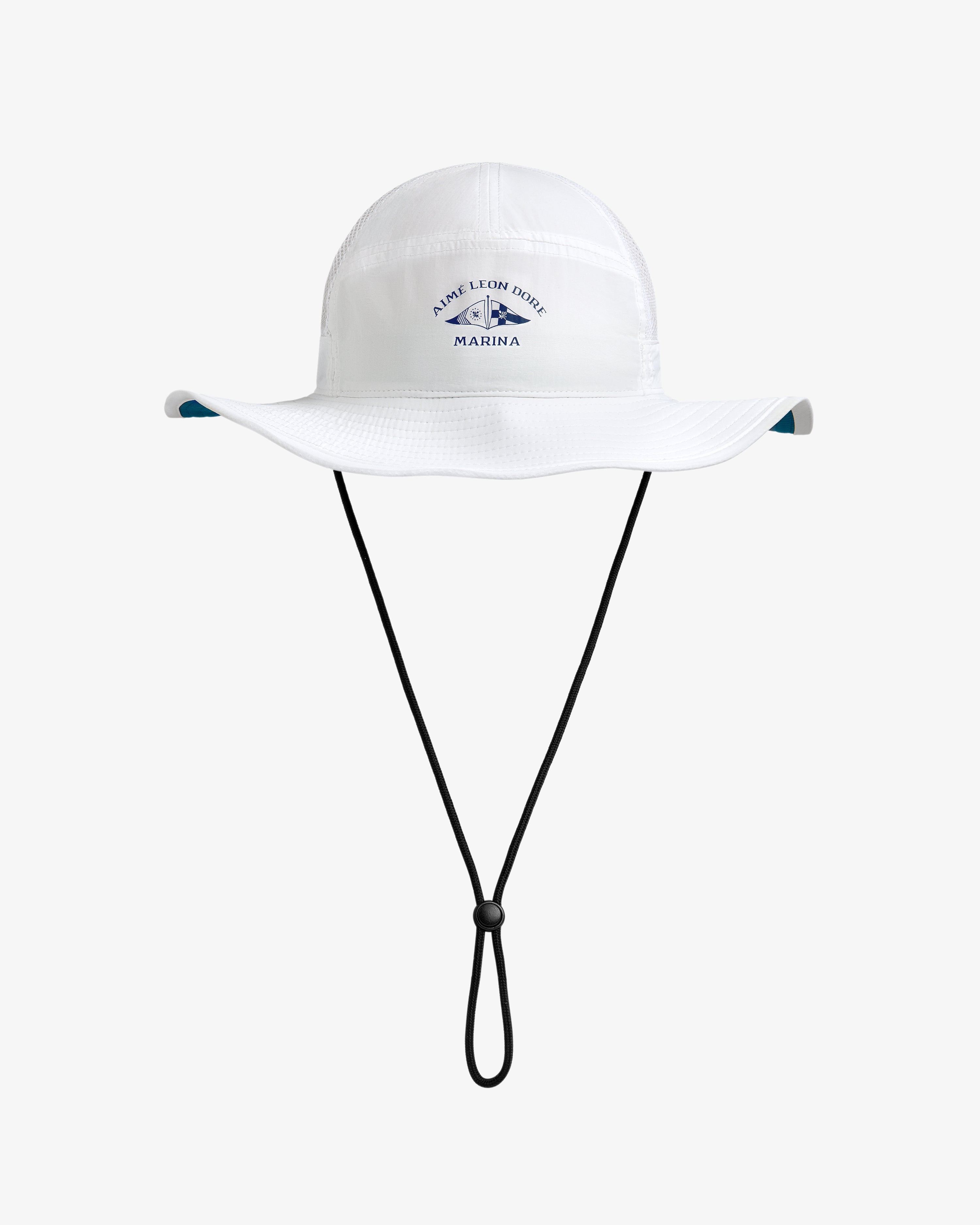 White Marina Boonie Bucket Hat with wide brim, chin strap, and blue Aime Leon Dore Marina text on the front.