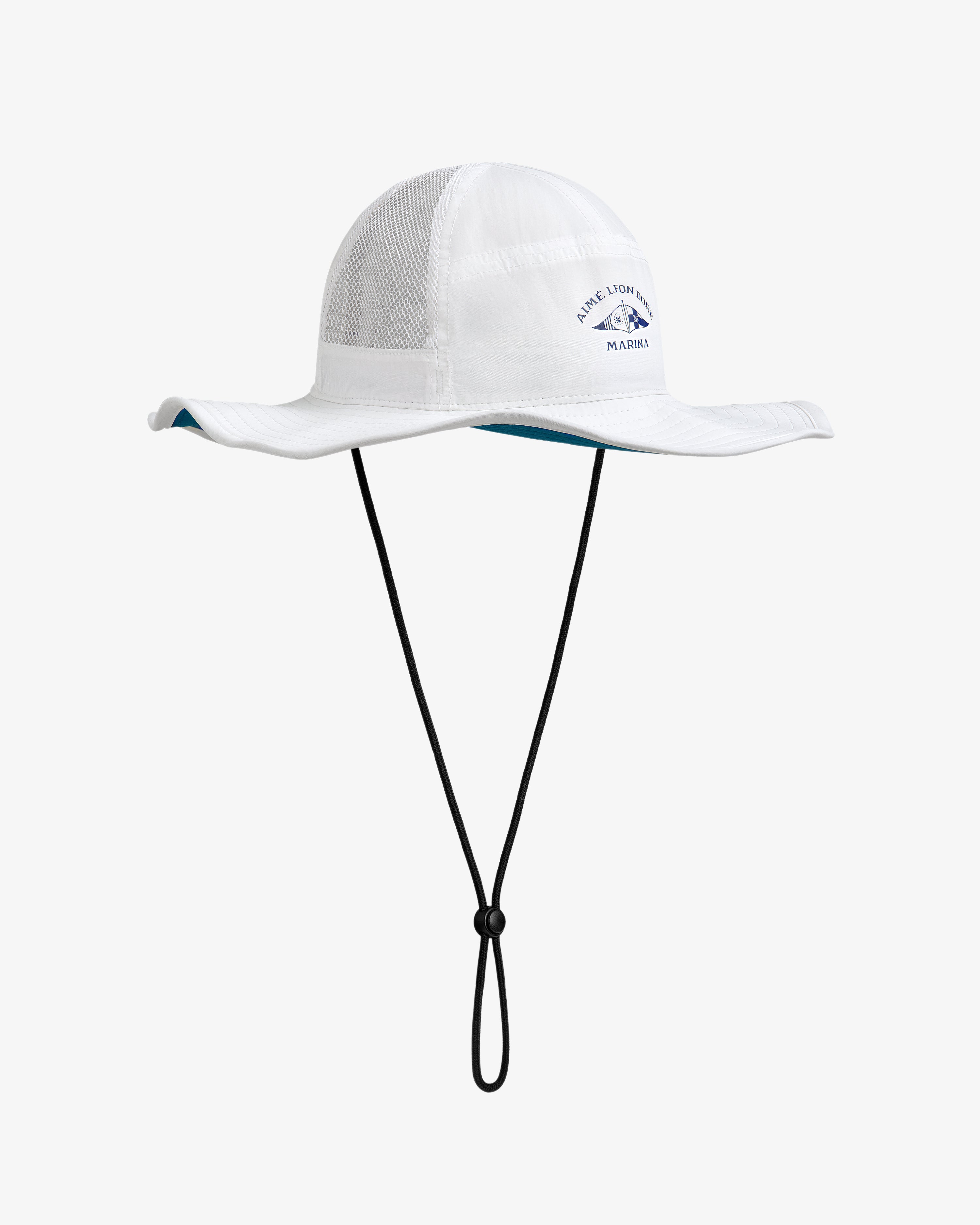 Marina Boonie Bucket Hat: White wide-brim hat with chin strap, mesh panels, and blue Park Lovers logo above mountains.