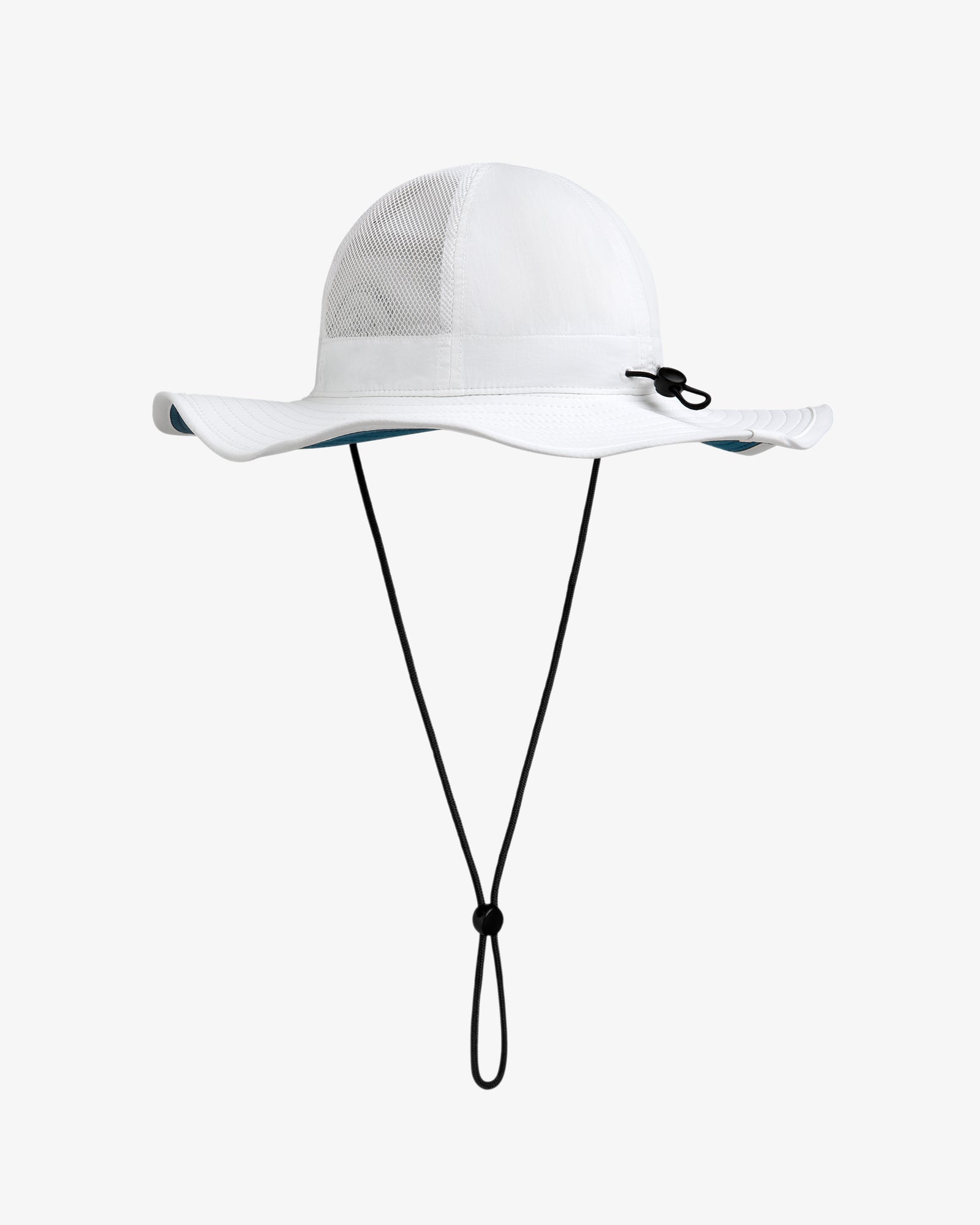Marina Boonie Bucket Hat: White wide-brim with mesh panels, adjustable black chin strap, shown on white background.