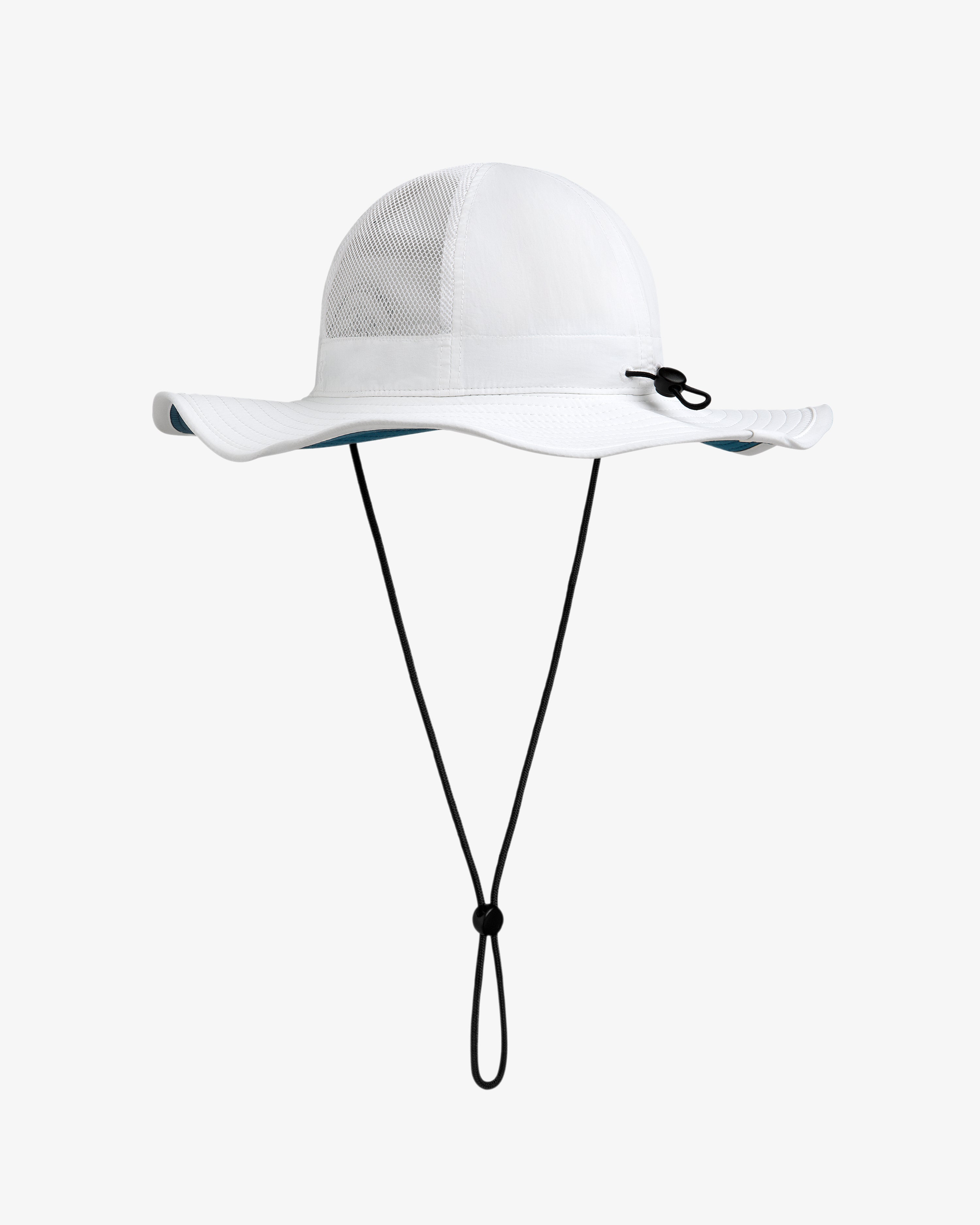Marina Boonie Bucket Hat: White wide-brim with mesh panels, adjustable black chin strap, shown on white background.