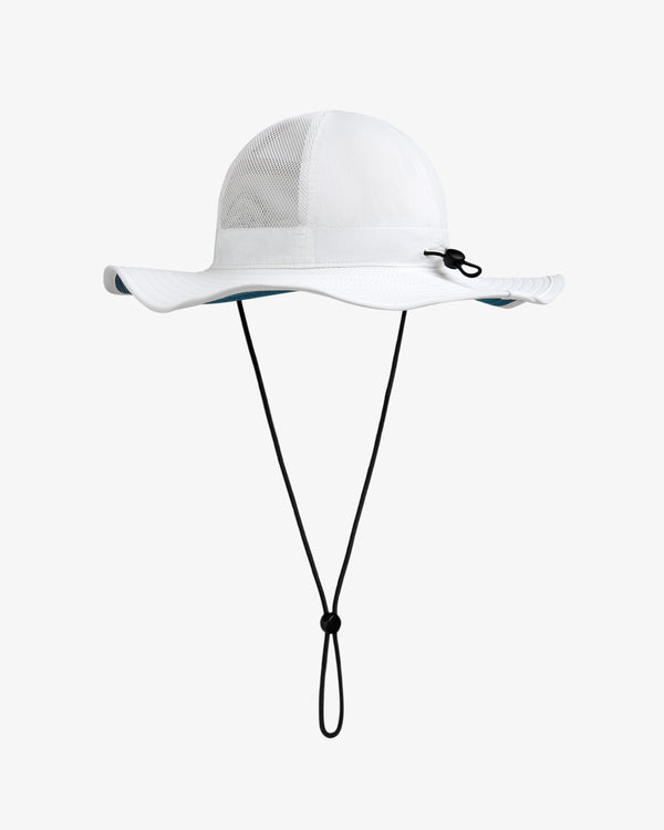 Marina Boonie Bucket Hat: White wide-brim with mesh panels, adjustable black chin strap, shown on white background.