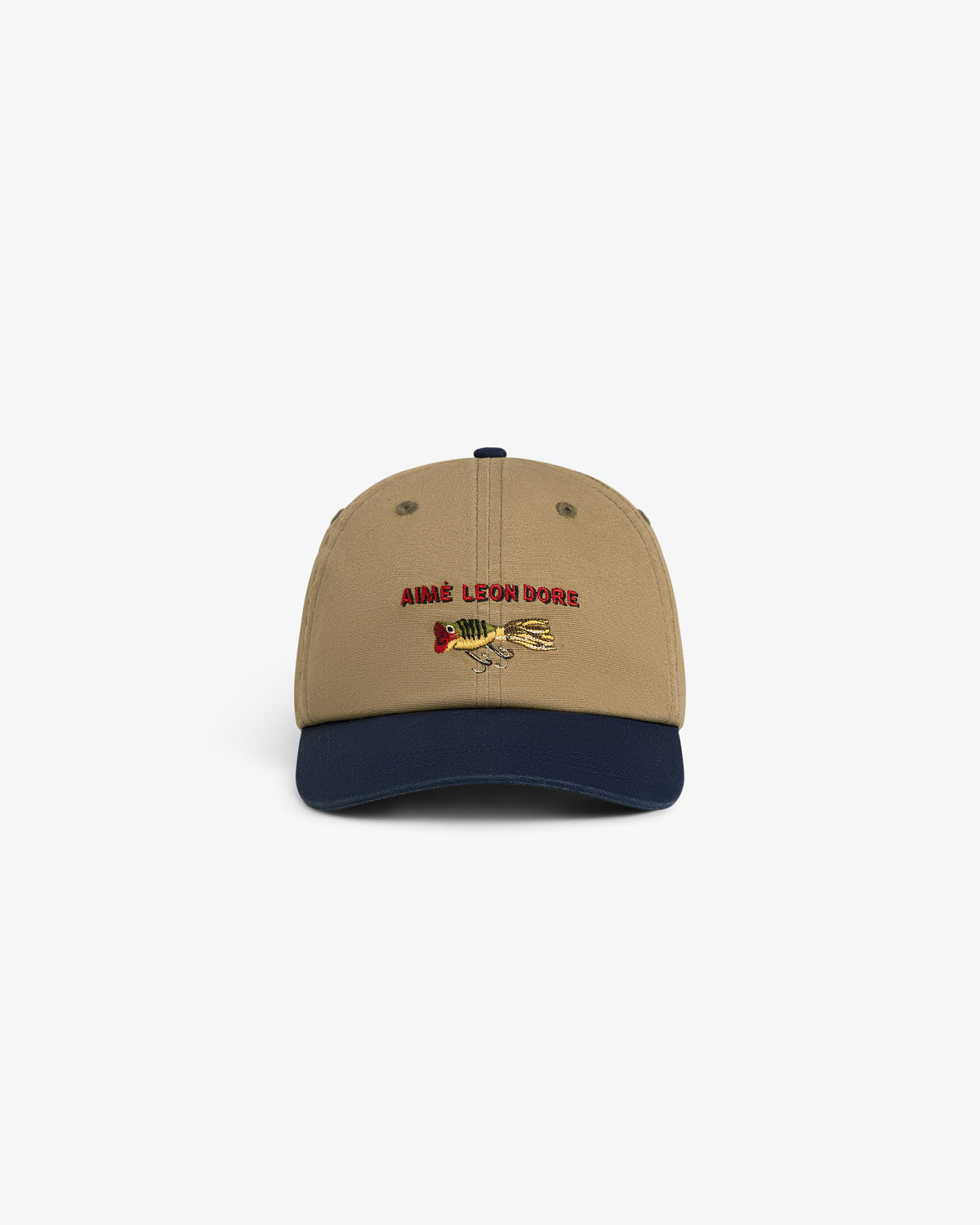 Colorblock Lure Hat: Tan cap with navy brim, red "AIMÉ LEON DORE" embroidery & fish graphic on front.
