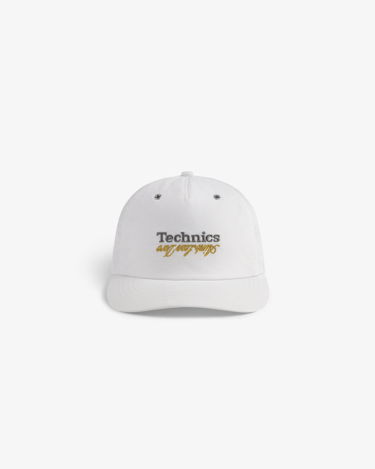 ALD / Technics Nylon Logo Hat: white cap with gray Technics and gold "all day, all vinyl." text on the front.