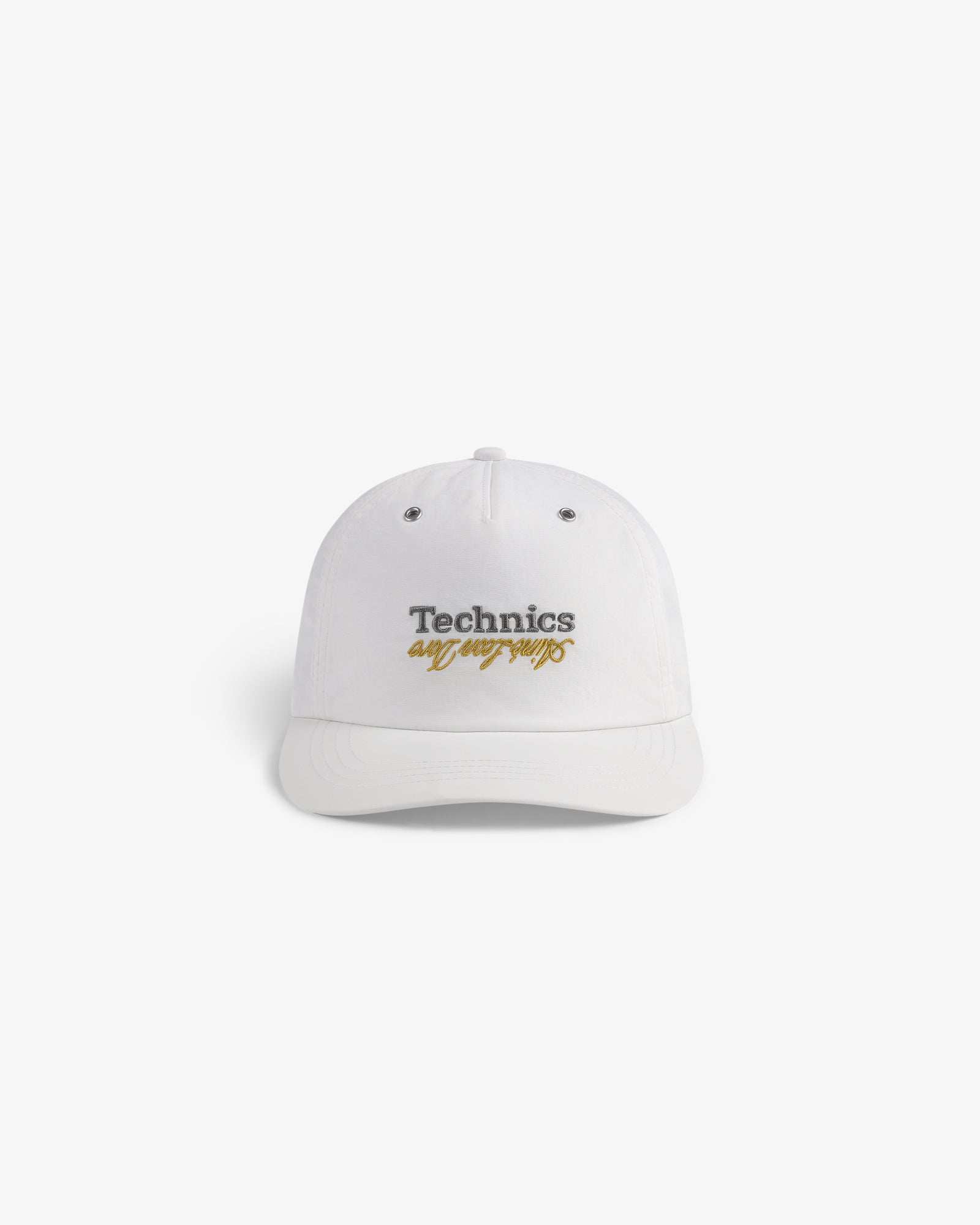ALD / Technics Nylon Logo Hat: white cap with gray Technics and gold "all day, all vinyl." text on the front.