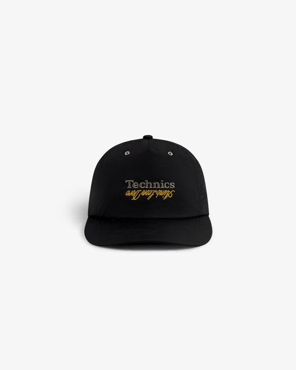 ALD / Technics Nylon Logo Hat with silver Technics and gold definitive audio script on the front, white background.
