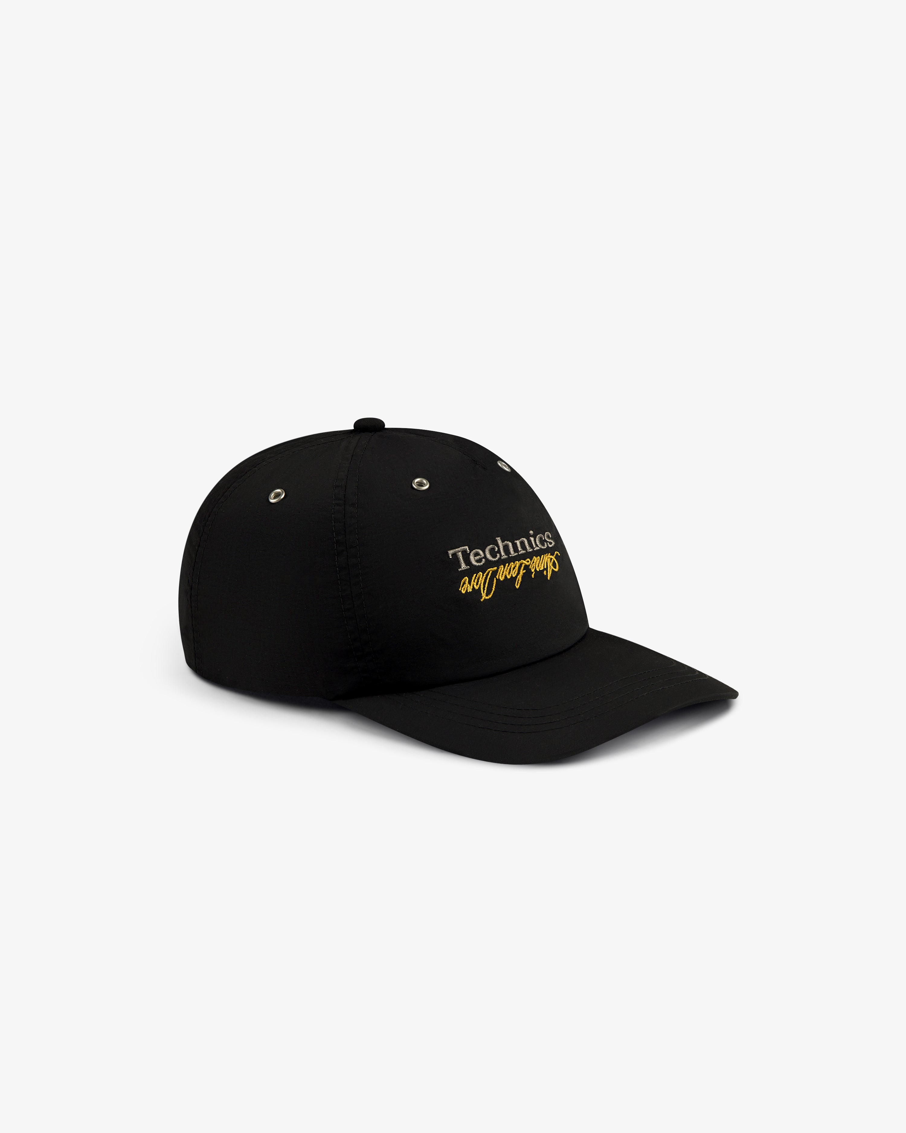ALD / Technics Nylon Logo Hat: black cap with "Technics everyday wraps" embroidered in white and yellow on front.