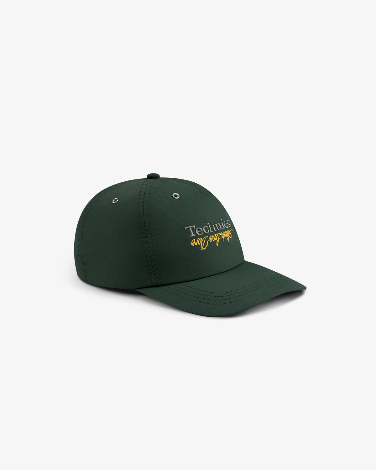 ALD / Technics Nylon Logo Hat: Dark green cap with white and yellow Technics Agility embroidery on front.