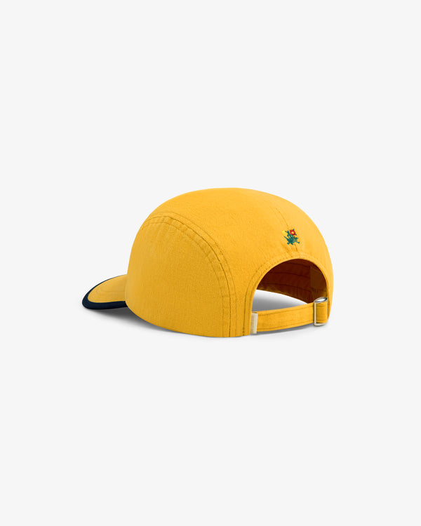 Back view of the Souvenir Fishing Hat in yellow with an adjustable strap and a small embroidered graphic above the opening.