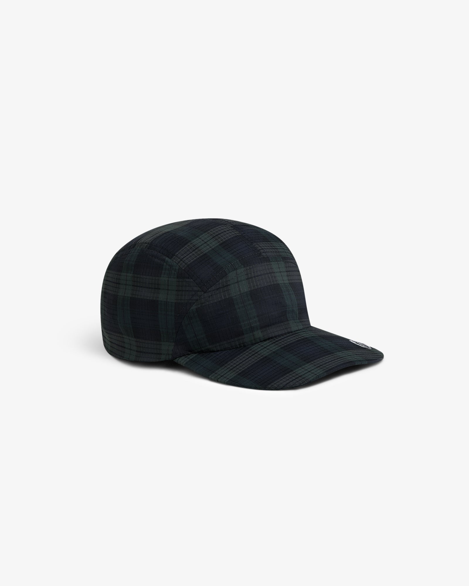 ALD Golf Performance Sport Hat in dark green and navy plaid, five-panel design with curved brim on white background.