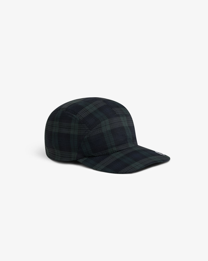 ALD Golf Performance Sport Hat in dark green and navy plaid, five-panel design with curved brim on white background.