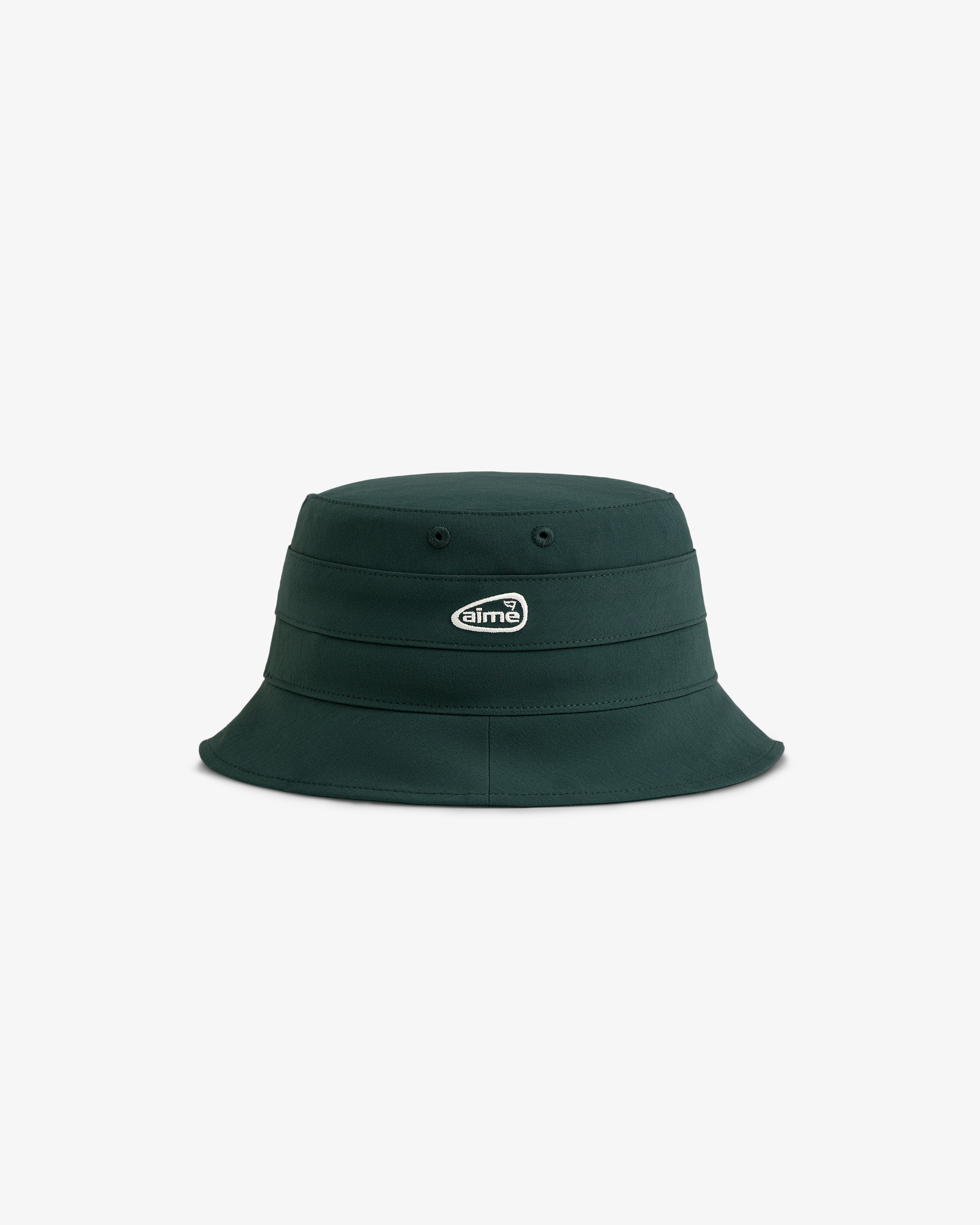 ALD Golf Bucket Hat in dark green with small oval almo logo on front, shown on a plain white background.