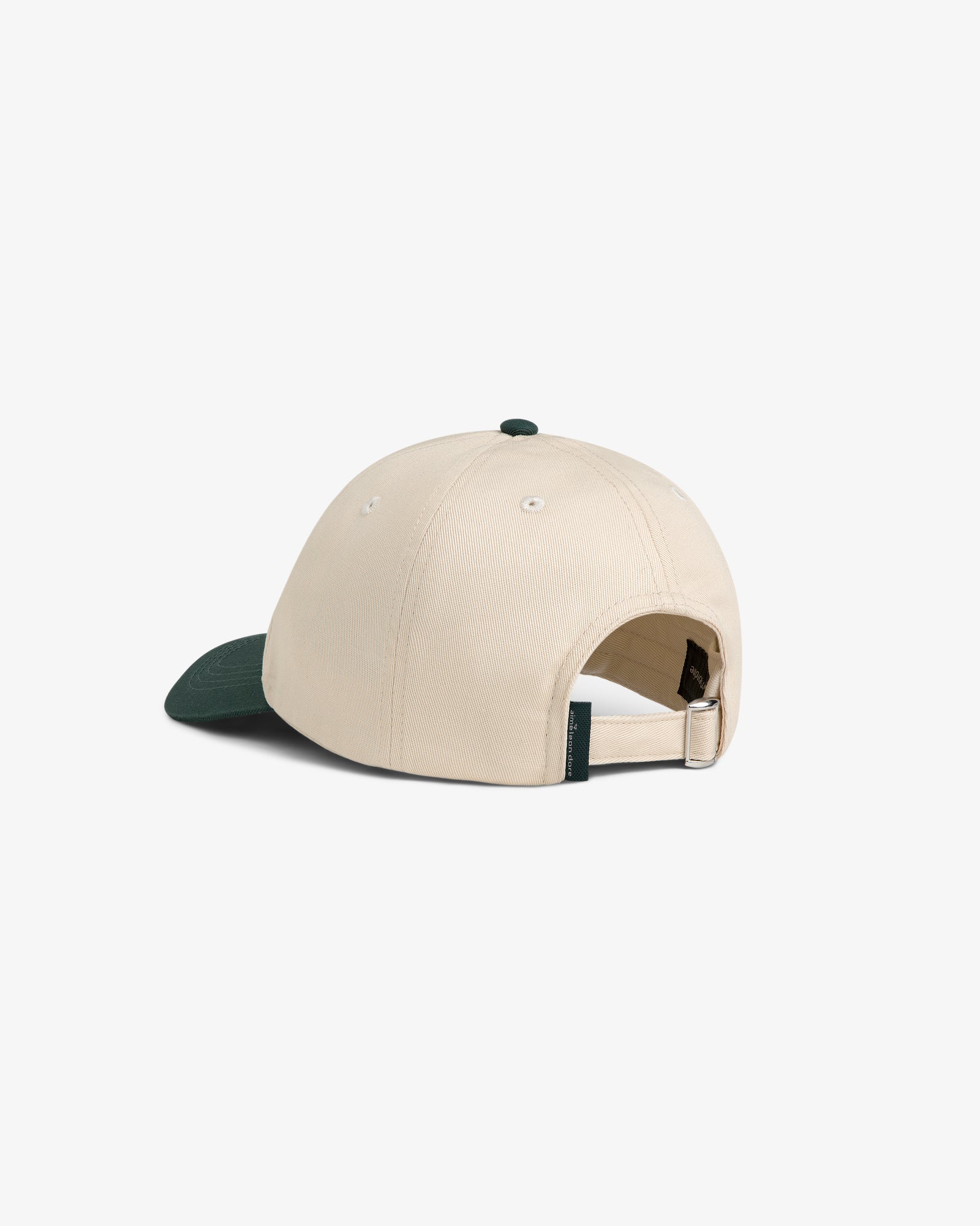 ALD Golf Logo Hat in beige with green brim, shown from the back with adjustable strap and metal buckle.