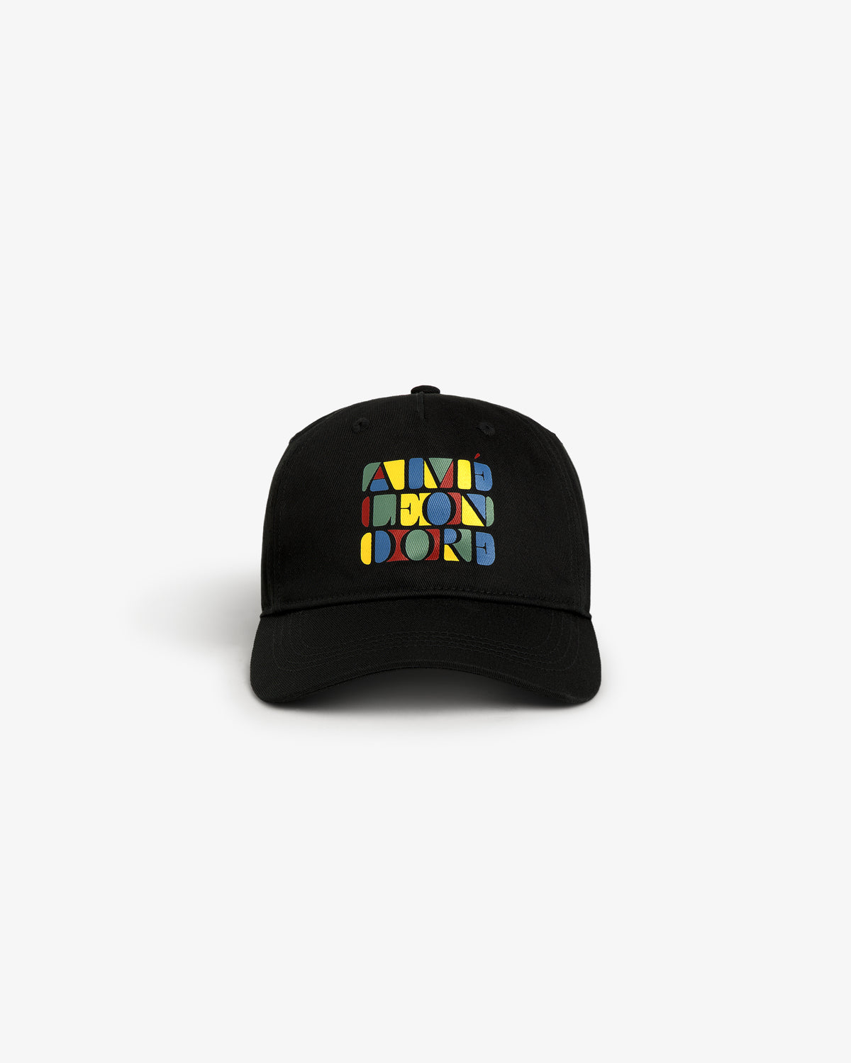 Black Stacked Logo Hat featuring colorful geometric shapes on the front, spelling AIMÉ LEON DORE.