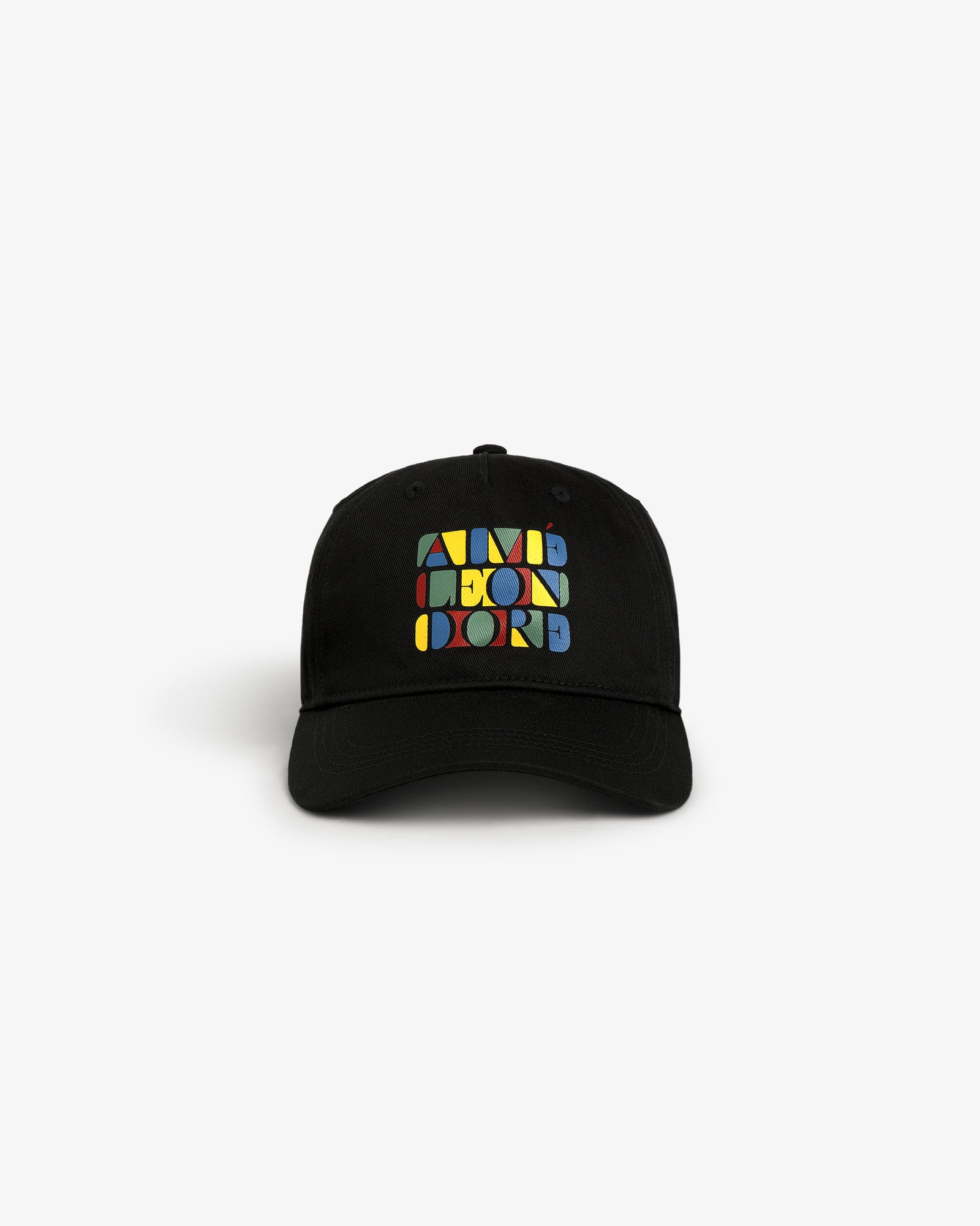 Black Stacked Logo Hat featuring colorful geometric shapes on the front, spelling AIMÉ LEON DORE.
