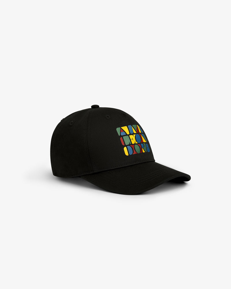 Stacked Logo Hat in black with a colorful geometric front, shown on a plain white background.