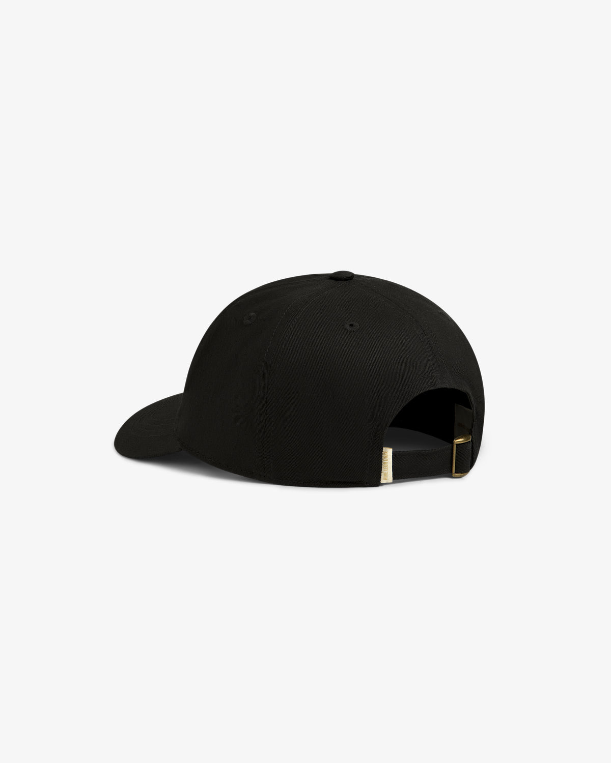 The Stacked Logo Hat is a black baseball cap with an adjustable strap and gold clasp, shown from the back.