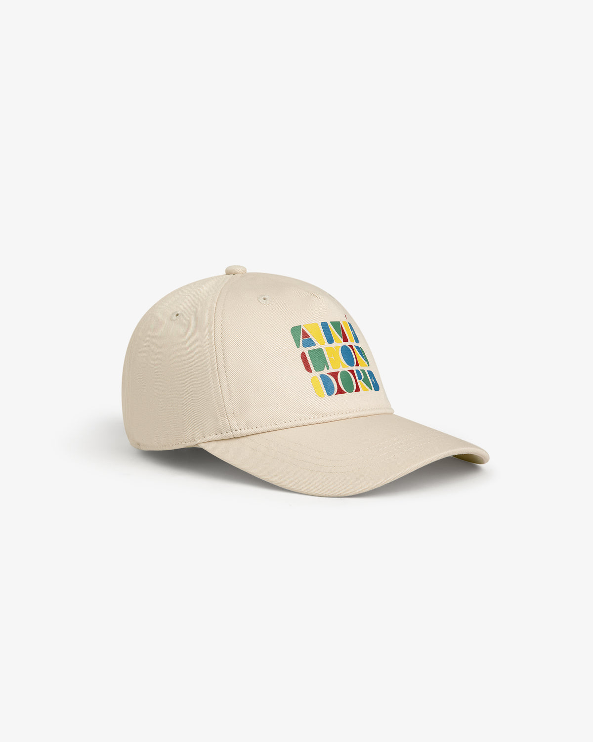 Stacked Logo Hat in beige with colorful geometric shapes and text graphic on front, shown on white background.