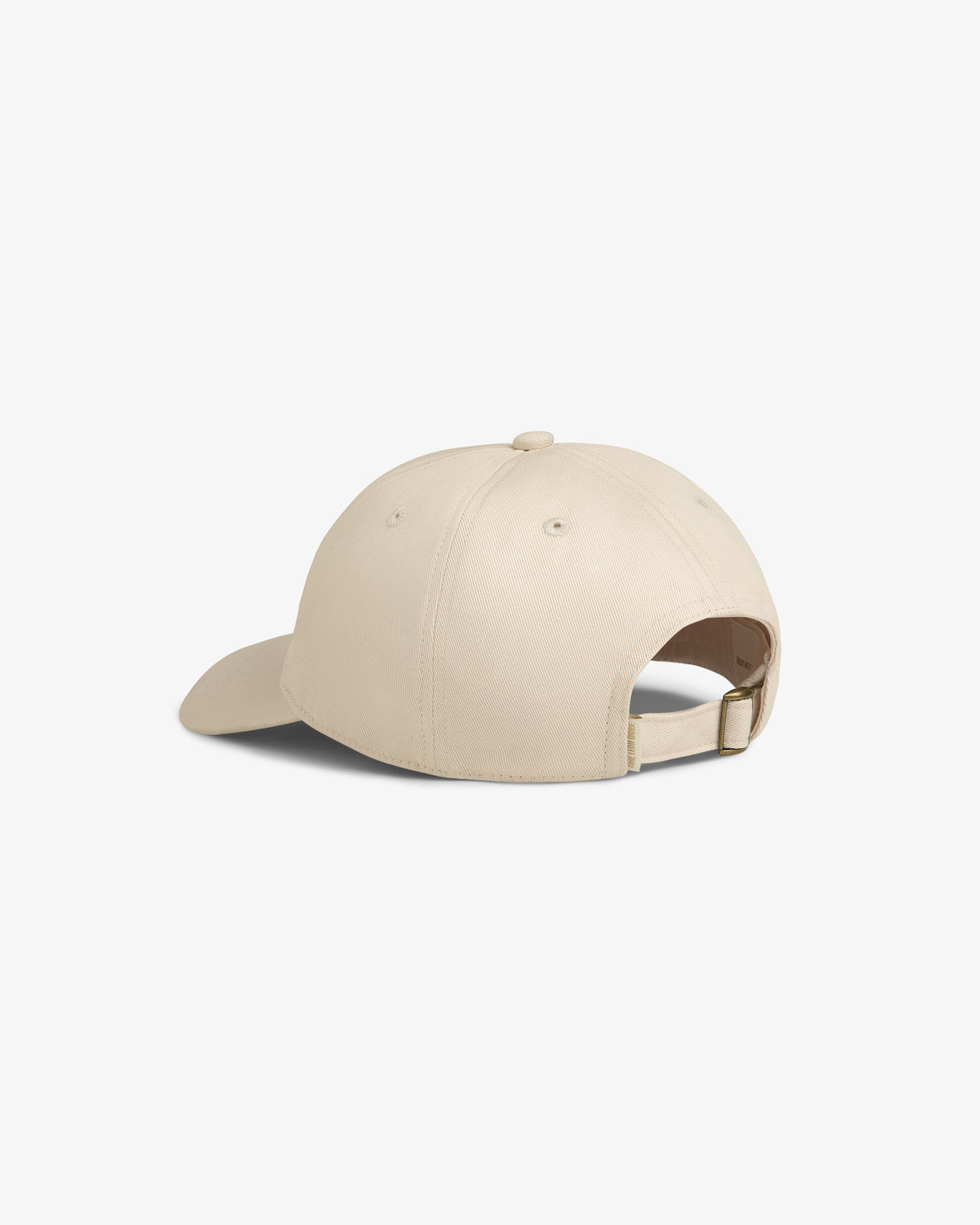 Stacked Logo Hat in beige, rear view with adjustable strap and metal buckle, shown on a white background.