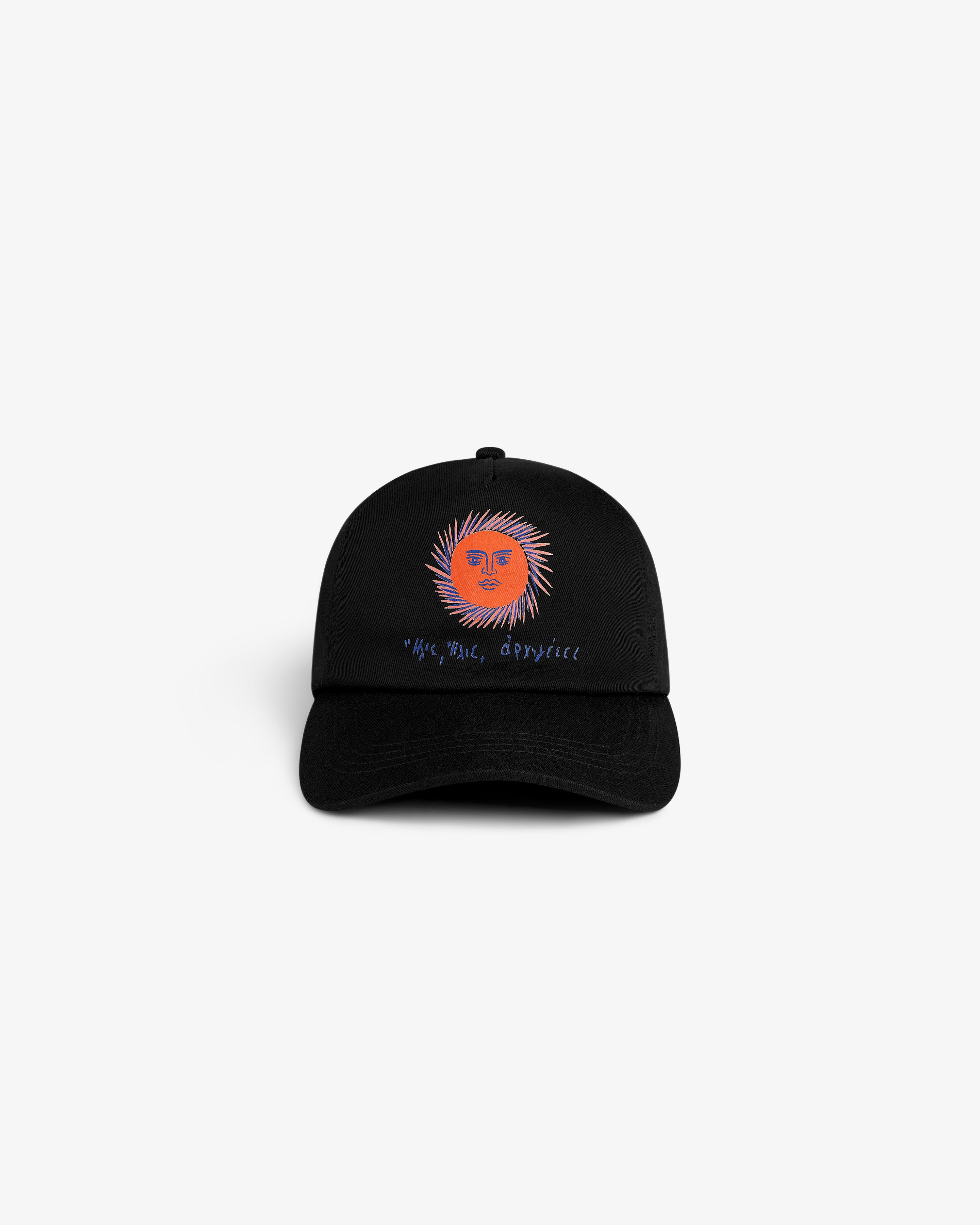 Fassianos Graphic Hat: black cap with orange sun and face design, HHS, INC, OPRYICE text underneath.