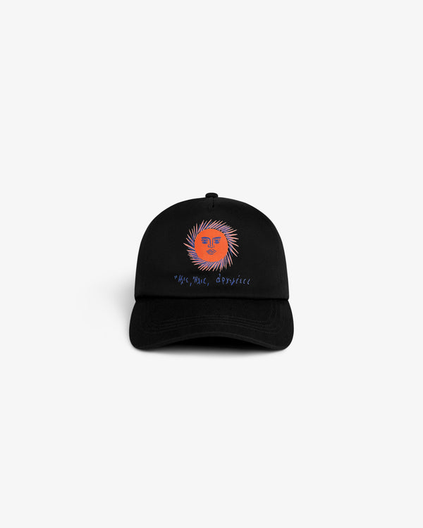 Fassianos Graphic Hat: black cap with orange sun and face design, HHS, INC, OPRYICE text underneath.