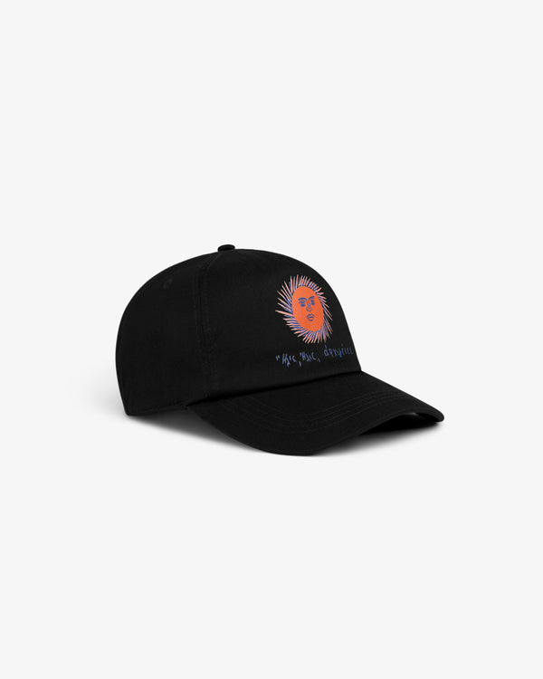 Fassianos Graphic Hat: black baseball cap with orange sun face and blue embroidered text on the front.
