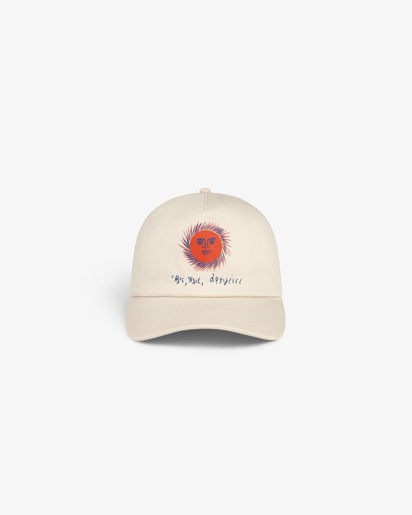 Fassianos Graphic Hat: Beige cap featuring an orange sun and handwritten "rise, rest, reprise" on the front.