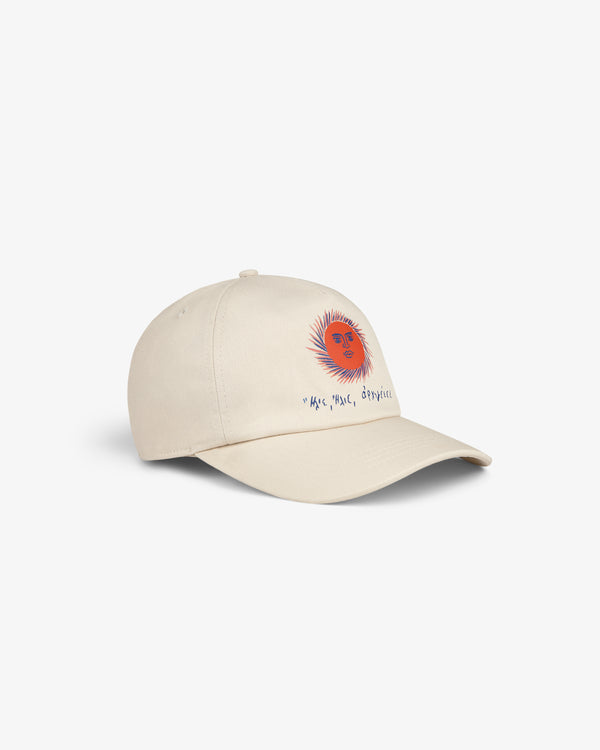 Fassianos Graphic Hat: beige baseball cap with red-orange sun face and “Rise, Rest, Repeat” text on front.