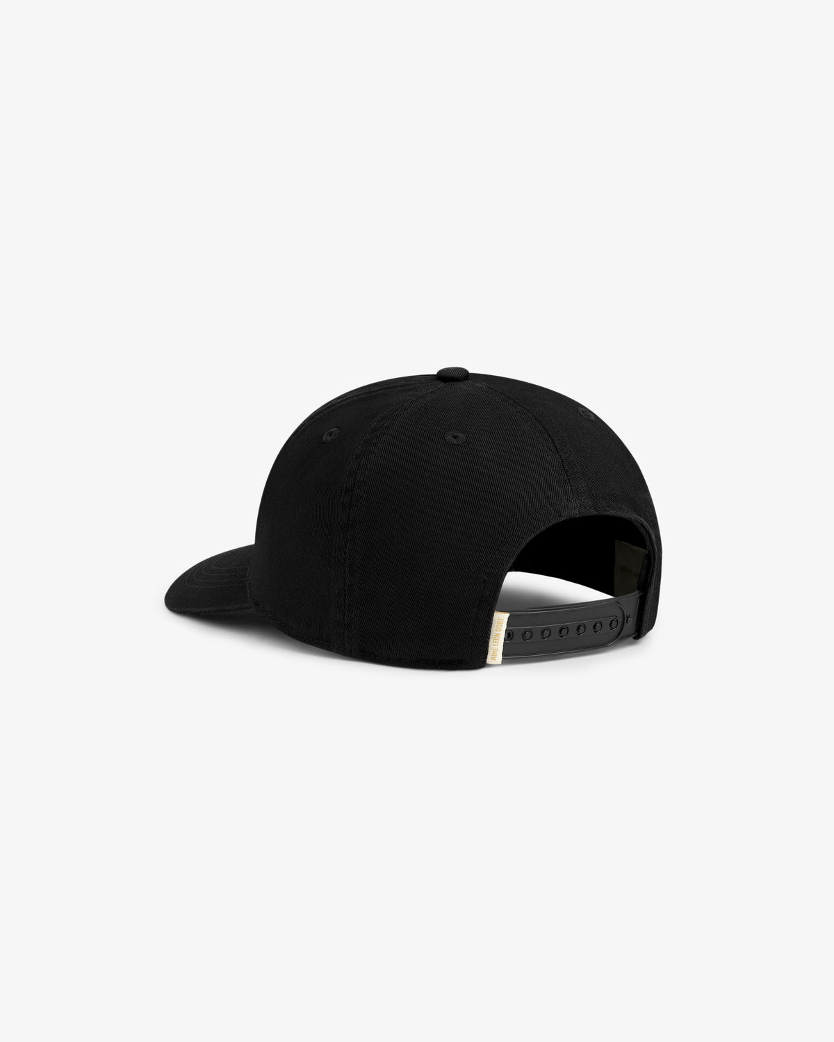 Micro Logo Hat in black viewed from the back, featuring an adjustable snapback closure on a white background.