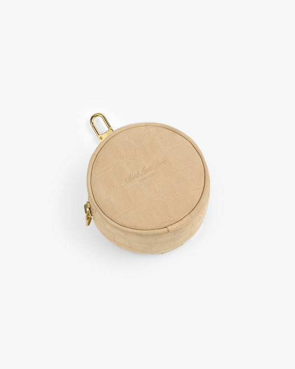 Croc-Embossed Nubuck Keychain Pouch in beige with gold zipper and clip, shown on a white background.