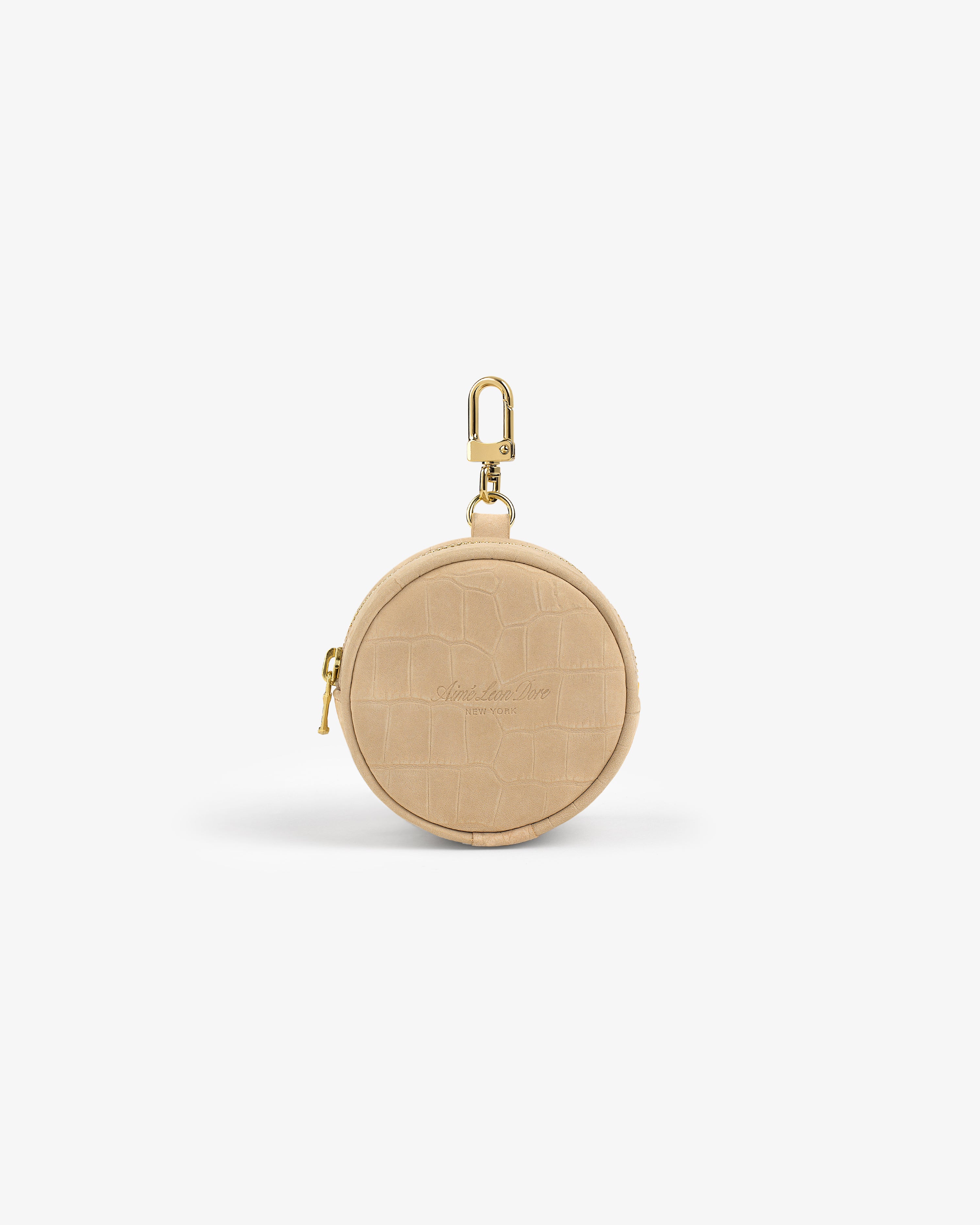 Croc-Embossed Nubuck Keychain Pouch in beige with gold zipper and clip, displayed on a plain white background.