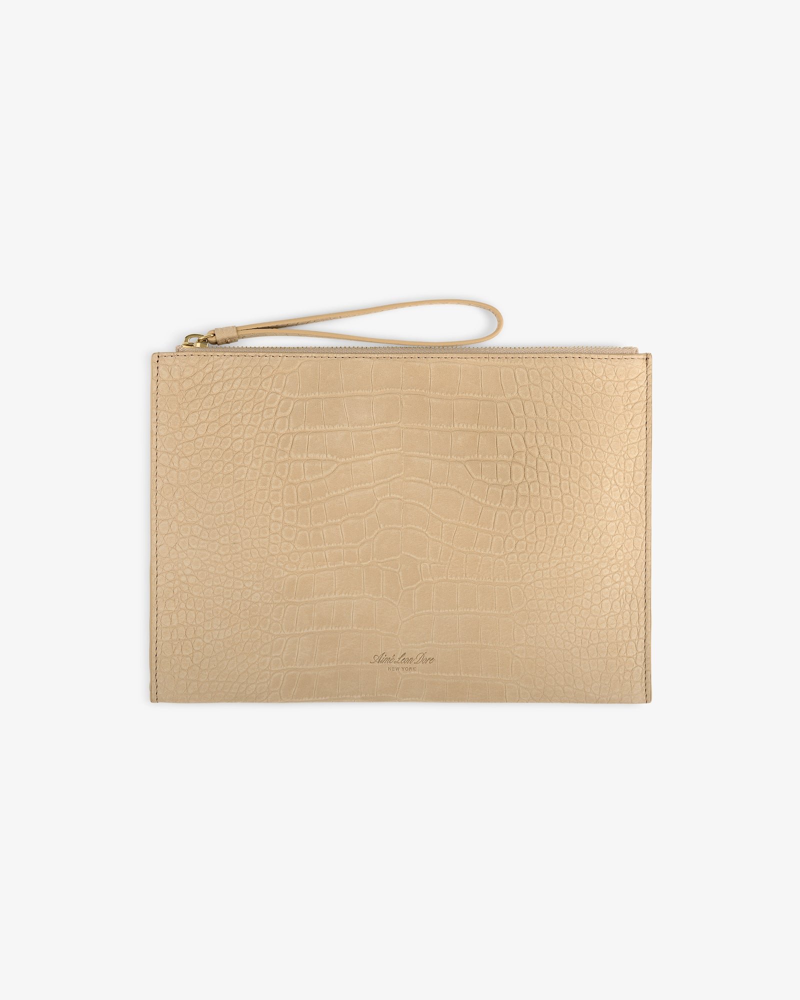 Small Croc-Embossed Nubuck Pouch with zipper closure and subtle beige textured finish.