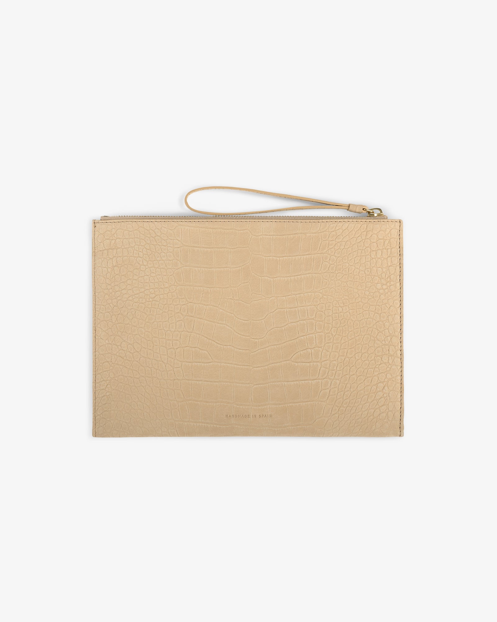 Small Croc-Embossed Nubuck Pouch with wrist strap and zip closure, shown on a white background.