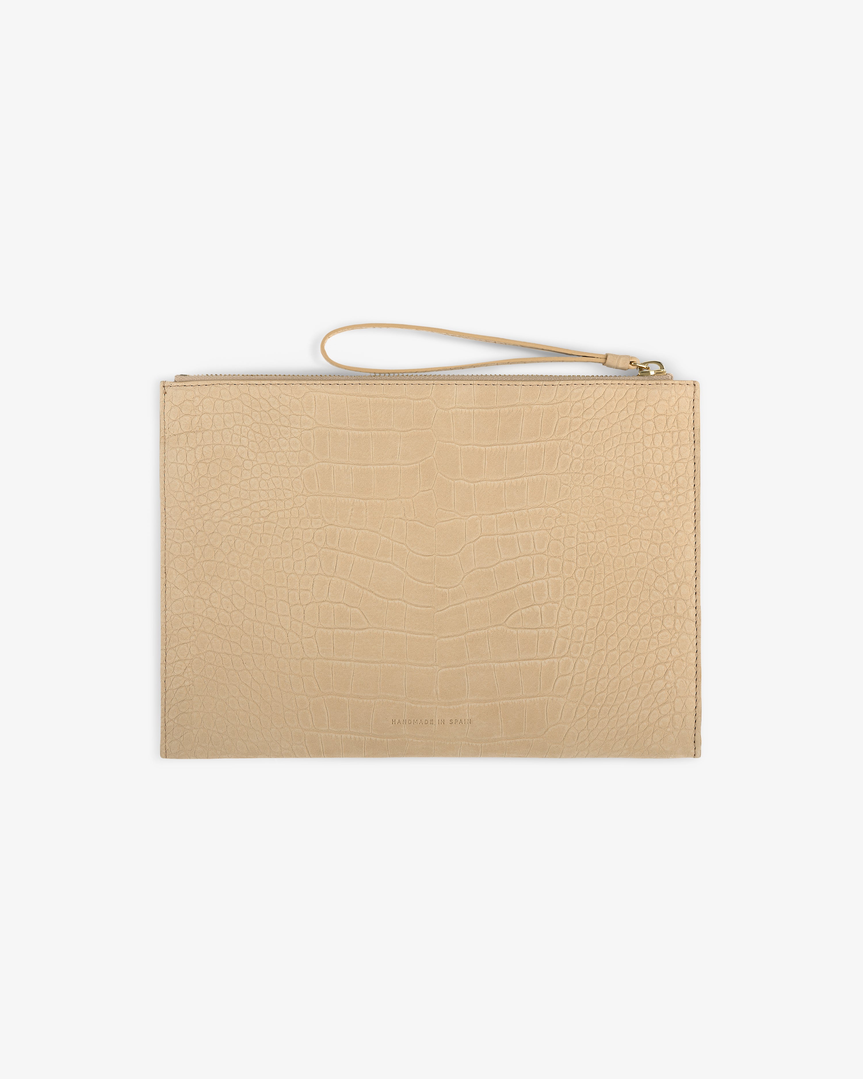 Small Croc-Embossed Nubuck Pouch with wrist strap and zip closure, shown on a white background.