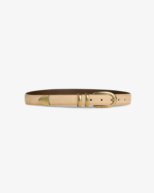 Croc-Embossed Nubuck Belt in light beige with gold buckle and tip, shown on a white background.