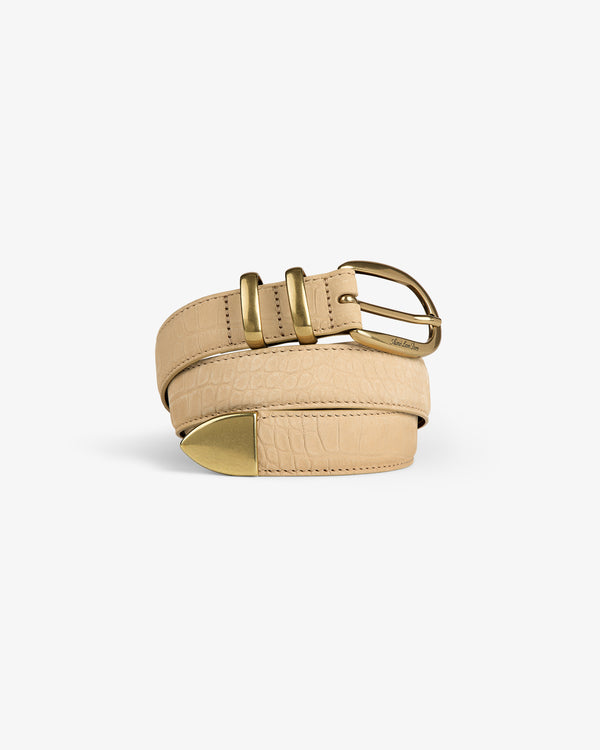 Croc-Embossed Nubuck Belt with gold buckle and tip, coiled on a white background.