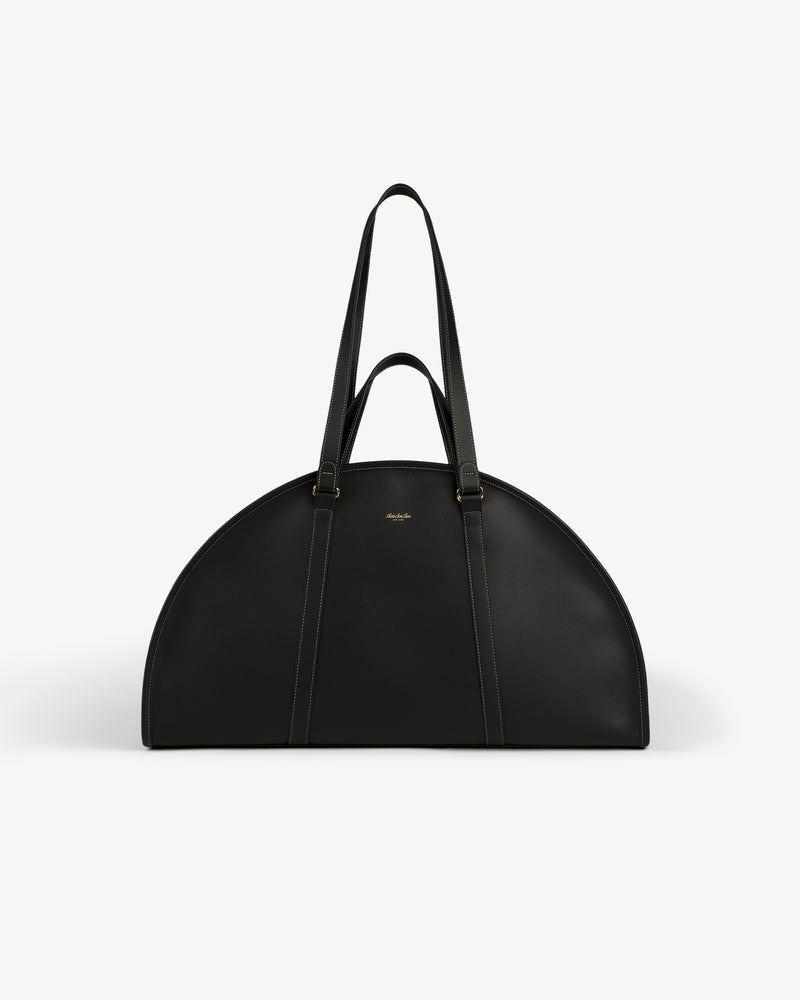 Full Grain Leather Weekender Bag, black semicircle shape with two handles, shown on a plain white background.