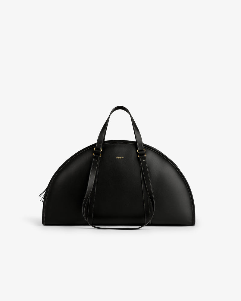 A black Full Grain Leather Weekender Bag with two handles, half-moon shaped, shown on a plain white background.