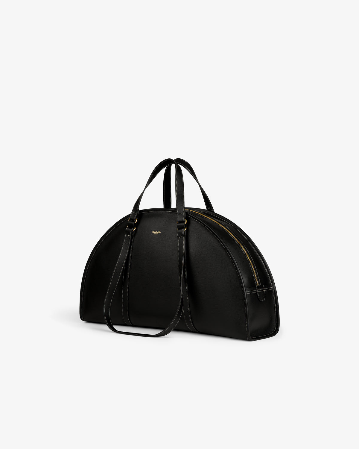 Full Grain Leather Weekender Bag in black, half-moon shaped, with double handles and a shoulder strap.