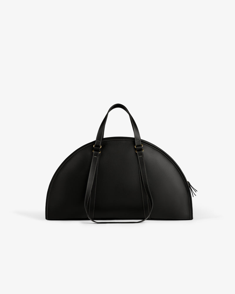 Full Grain Leather Weekender Bag, black half-moon shape with dual top handles, on a plain white background.